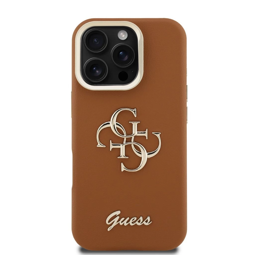 Guess PU Grained 4G Logo Stand Camera Frame tok iPhone 16 Pro készülékhez barna