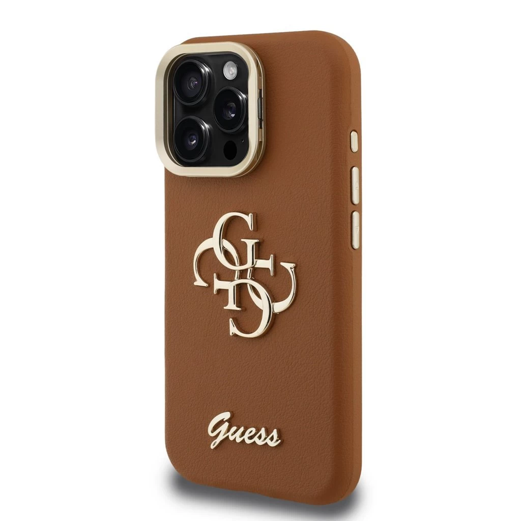 Guess PU Grained 4G Logo Stand Camera Frame tok iPhone 16 Pro Max készülékhez barna