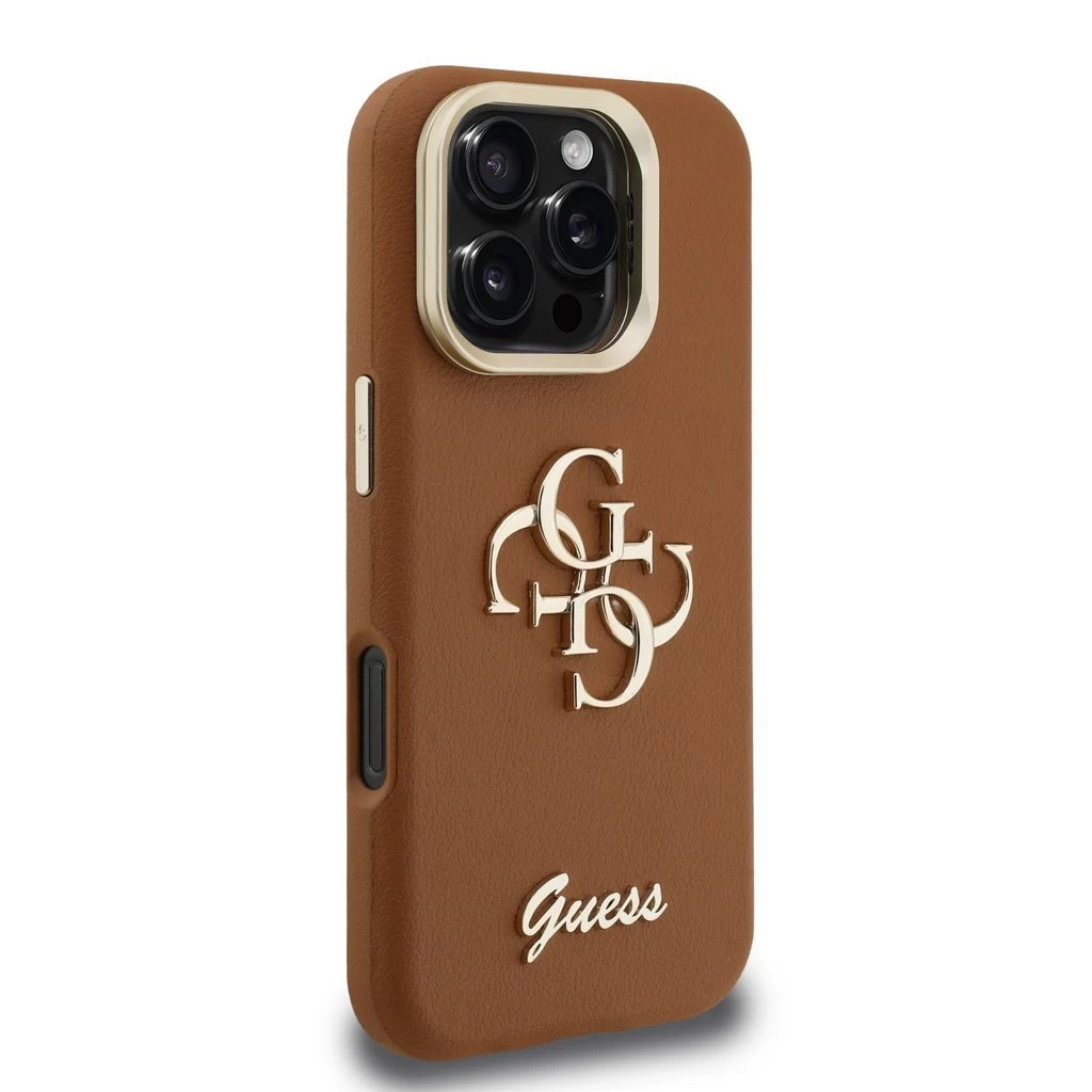 Guess PU Grained 4G Logo Stand Camera Frame tok iPhone 16 Pro Max készülékhez barna