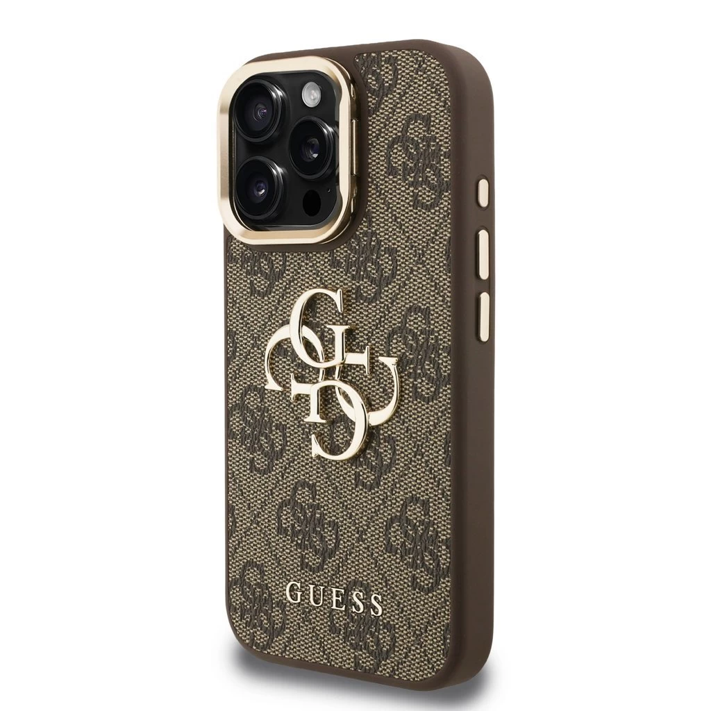 Guess PU 4G Metal Logo Stand Camera Frame tok iPhone 15 Pro Max készülékhez barna