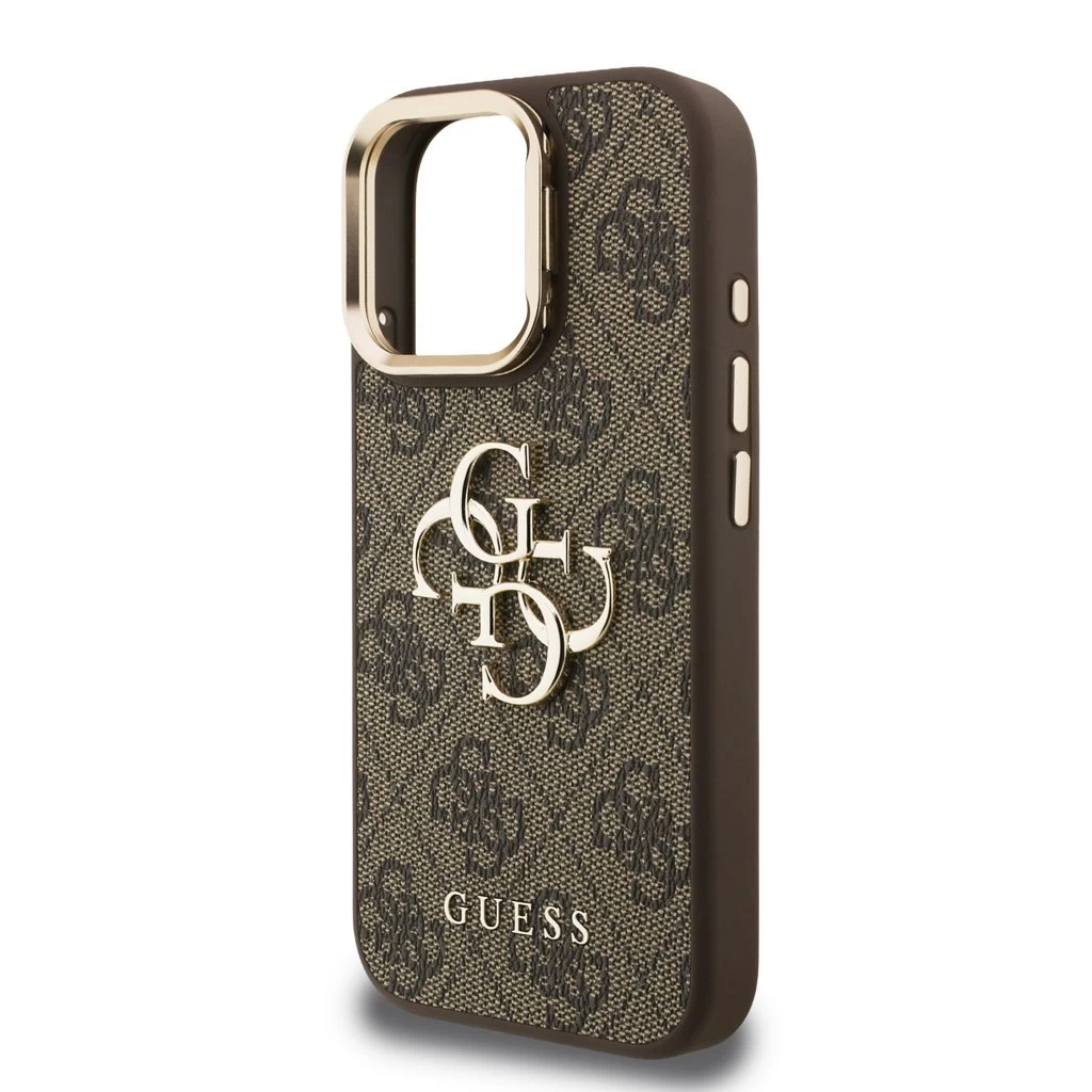 Guess PU 4G Metal Logo Stand Camera Frame tok iPhone 15 Pro Max készülékhez barna