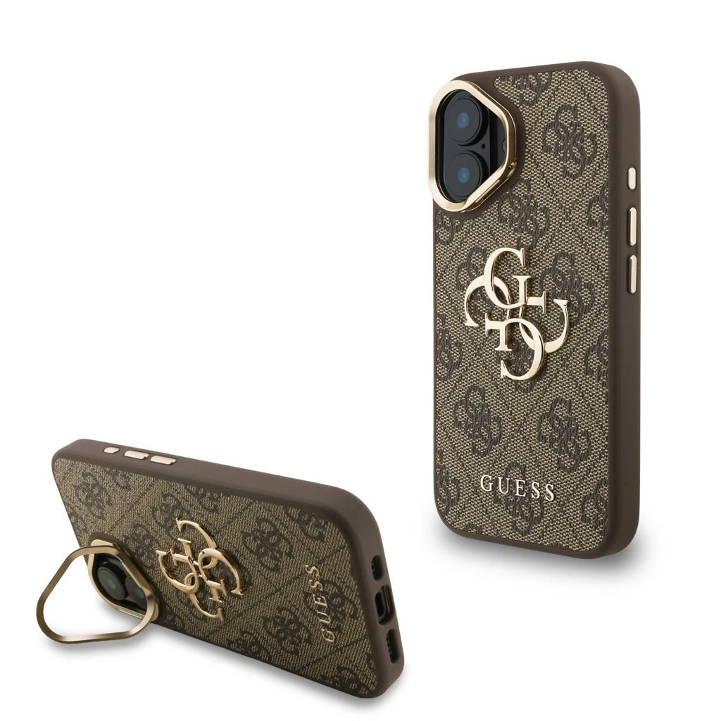 Guess PU 4G Metal Logo Stand Camera Frame tok iPhone 16 készülékhez barna