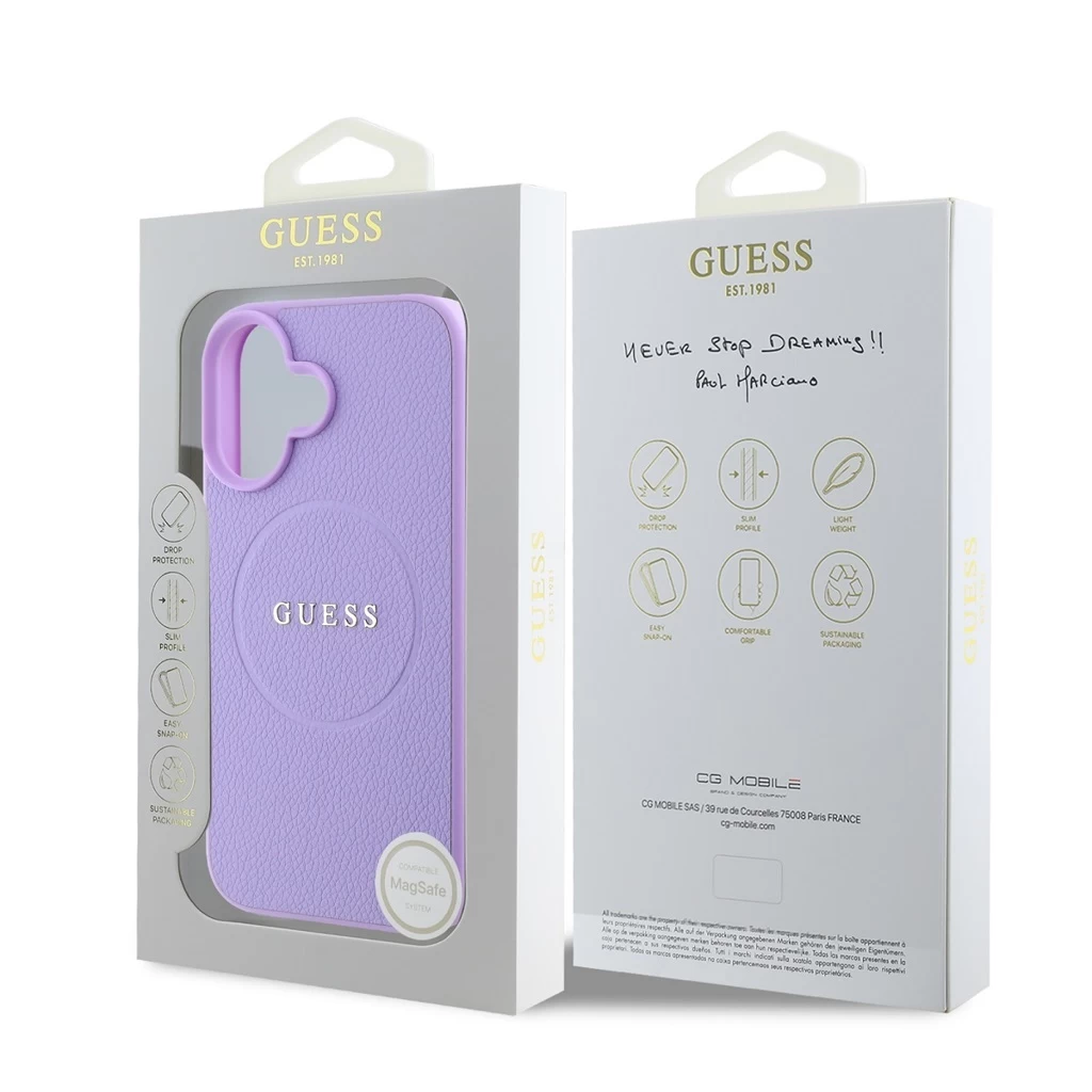 Guess PU Grained Classic Logo MagSafe tok iPhone 16 Plus készülékhez lila