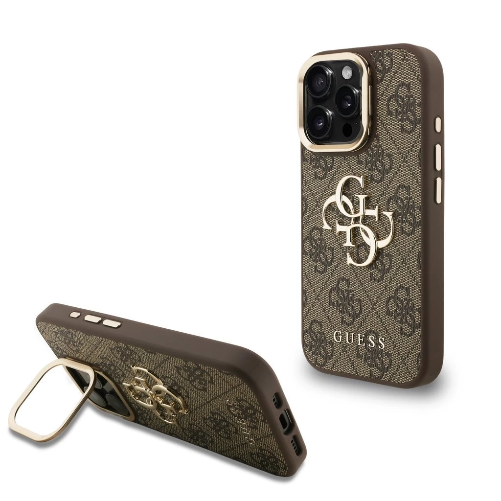 Guess PU 4G Metal Logo Stand Camera Frame tok iPhone 16 Pro Max készülékhez barna