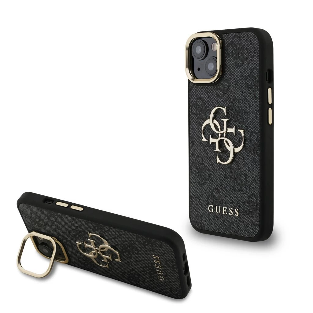 Guess PU 4G Metal Logo Stand Camera Frame tok iPhone 15 készülékhez fekete