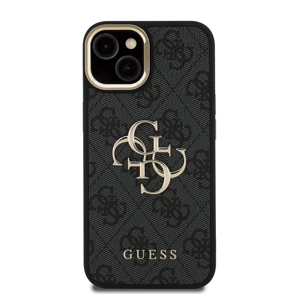 Guess PU 4G Metal Logo Stand Camera Frame tok iPhone 15 készülékhez fekete
