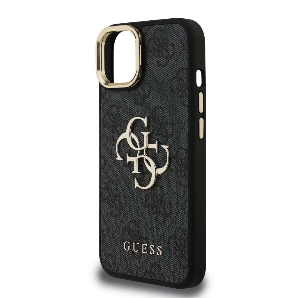Guess PU 4G Metal Logo Stand Camera Frame tok iPhone 15 készülékhez fekete