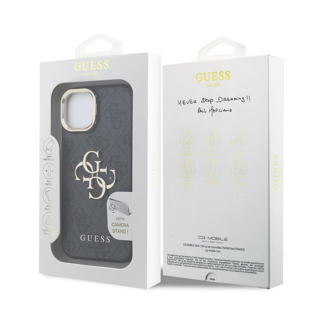 Guess PU 4G Metal Logo Stand Camera Frame tok iPhone 15 készülékhez fekete