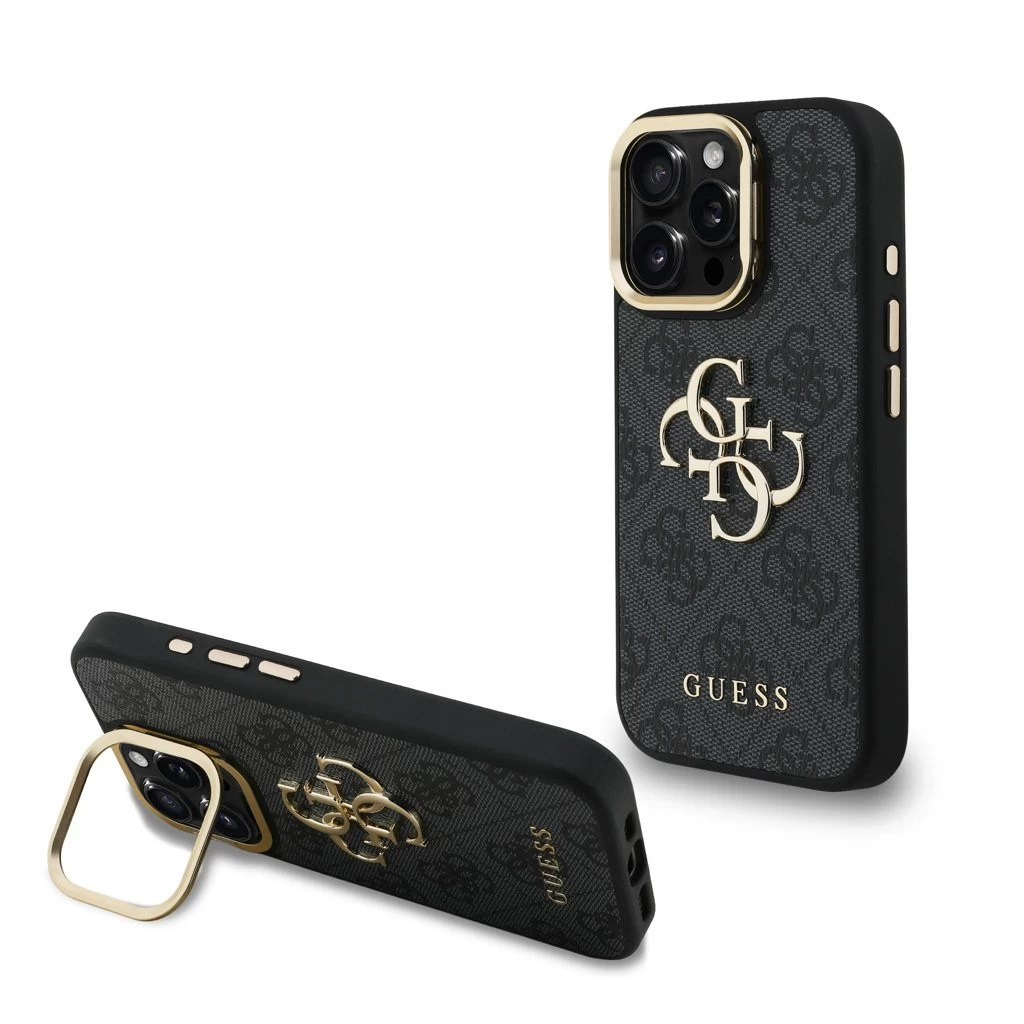 Guess PU 4G Metal Logo Stand Camera Frame tok iPhone 15 Pro készülékhez fekete