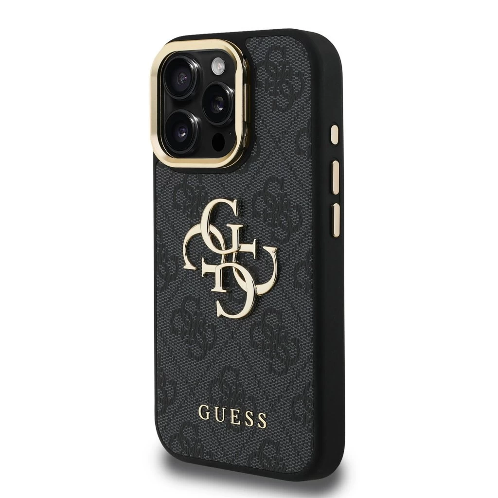 Guess PU 4G Metal Logo Stand Camera Frame tok iPhone 15 Pro készülékhez fekete