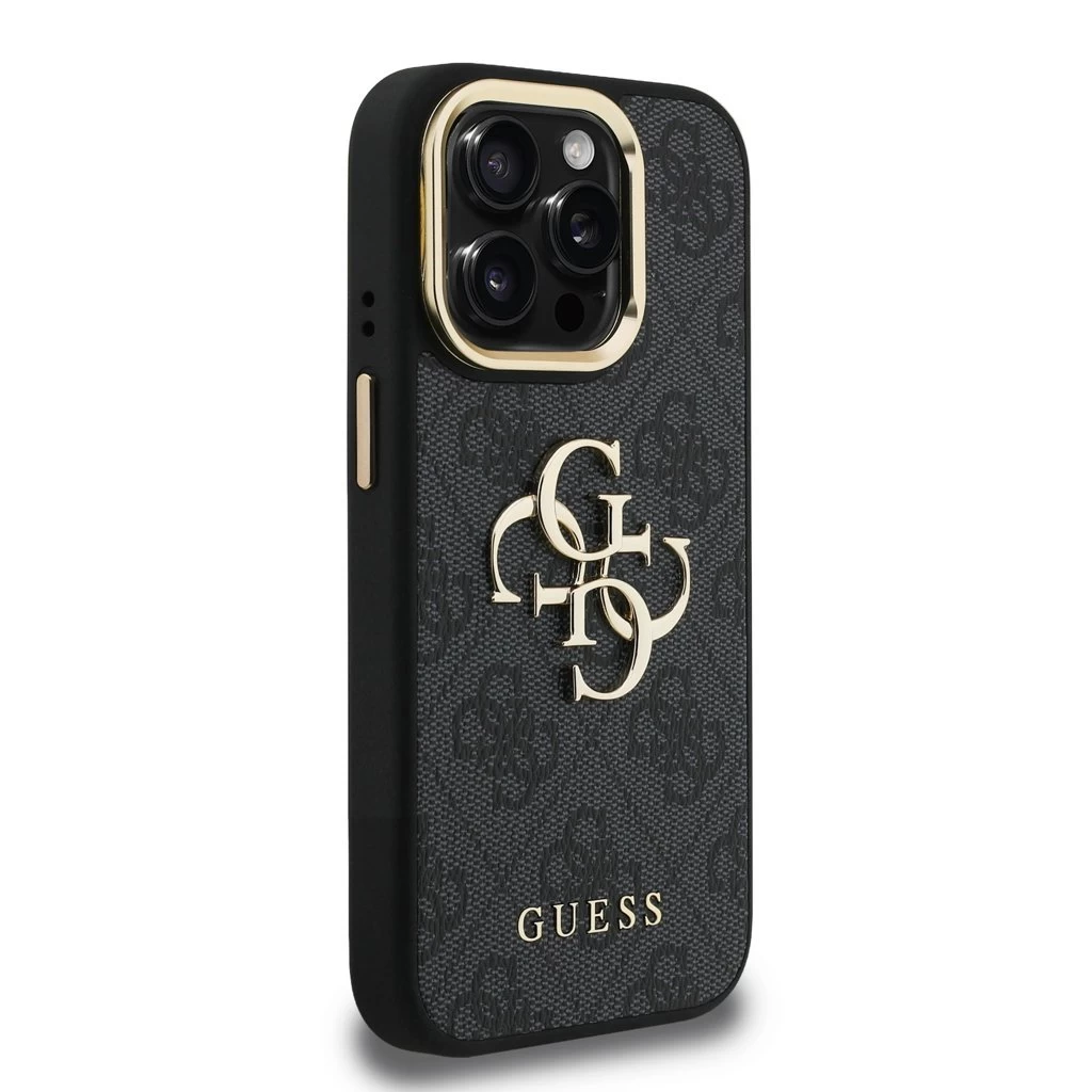 Guess PU 4G Metal Logo Stand Camera Frame tok iPhone 15 Pro készülékhez fekete