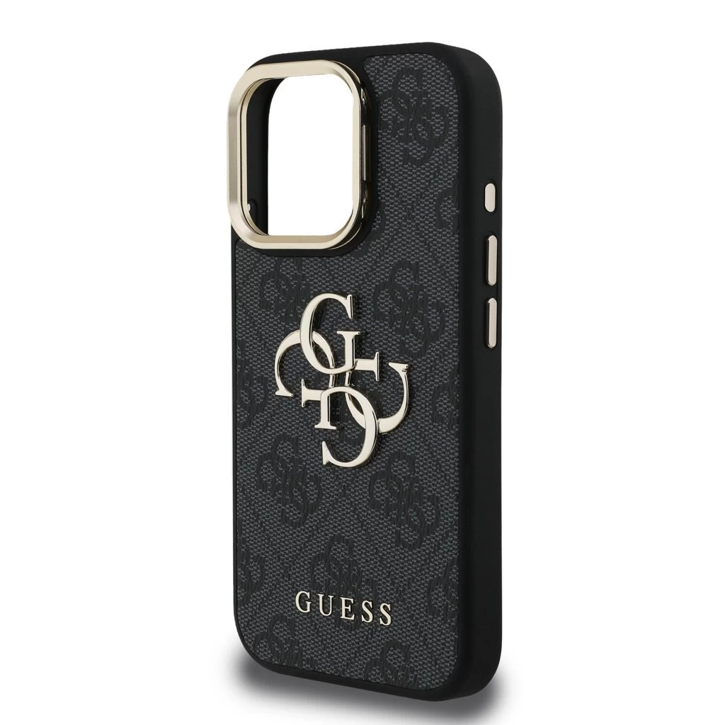 Guess PU 4G Metal Logo Stand Camera Frame tok iPhone 15 Pro készülékhez fekete
