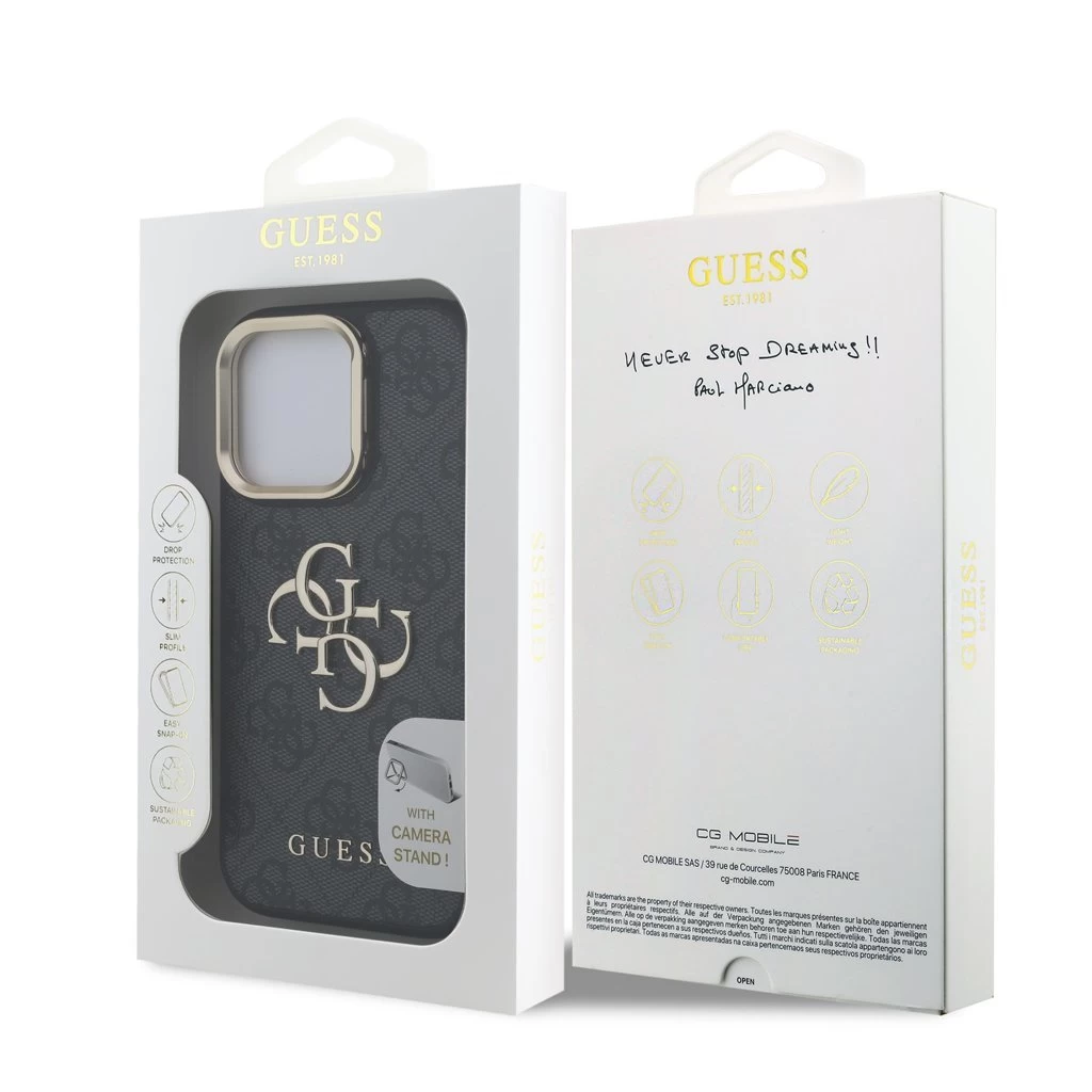 Guess PU 4G Metal Logo Stand Camera Frame tok iPhone 15 Pro készülékhez fekete