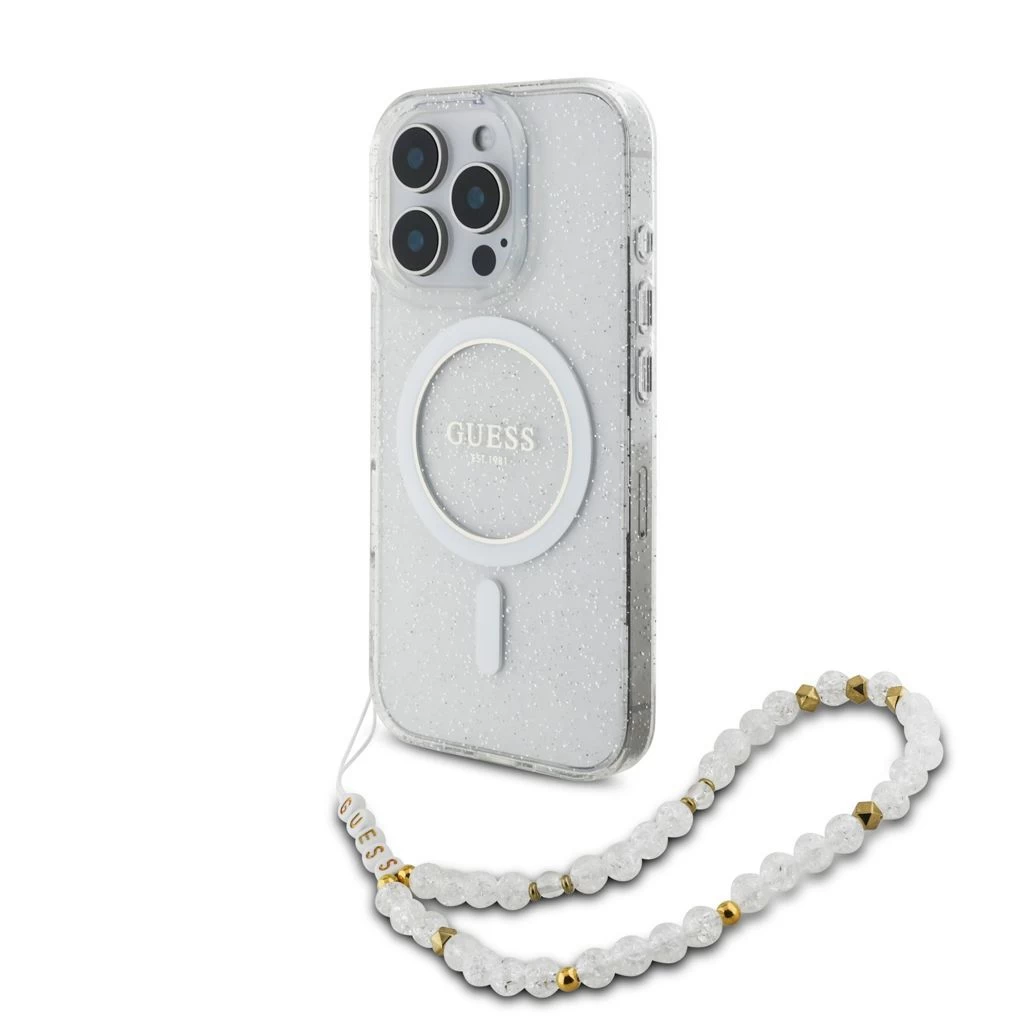 Guess IML Glitter Beads Strap MagSafe tok iPhone 16 Pro Max készülékhez átlátszó