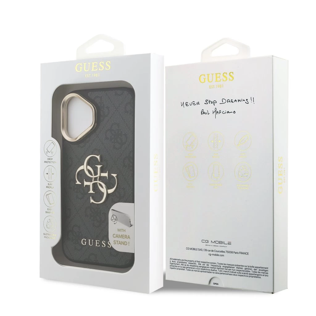 Guess PU 4G Metal Logo Stand Camera Frame tok iPhone 16 készülékhez fekete