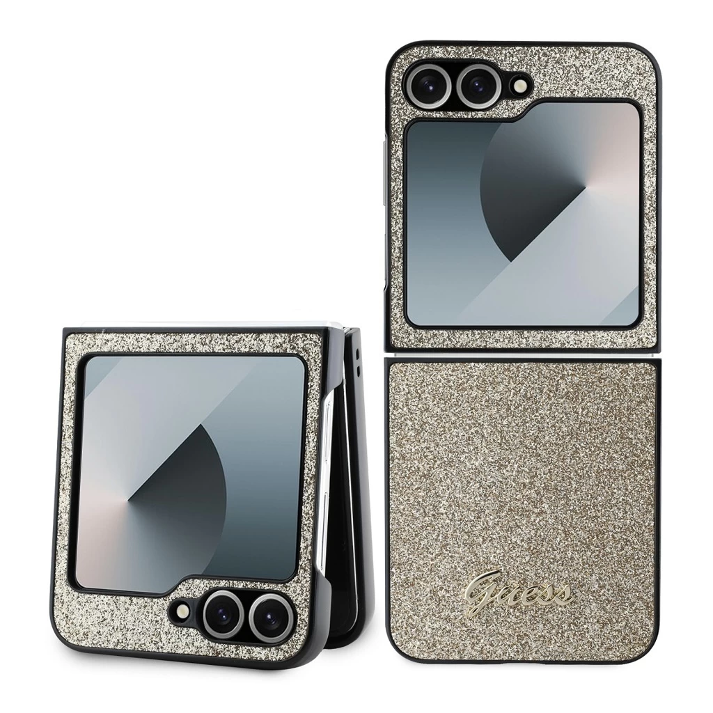 Guess PC/TPU Glitter Flakes Metal Logo tok Samsung Galaxy Z Flip 6 készülékhez arany
