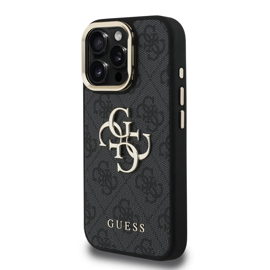 Guess PU 4G Metal Logo Stand Camera Frame tok iPhone 16 Pro Max készülékhez fekete