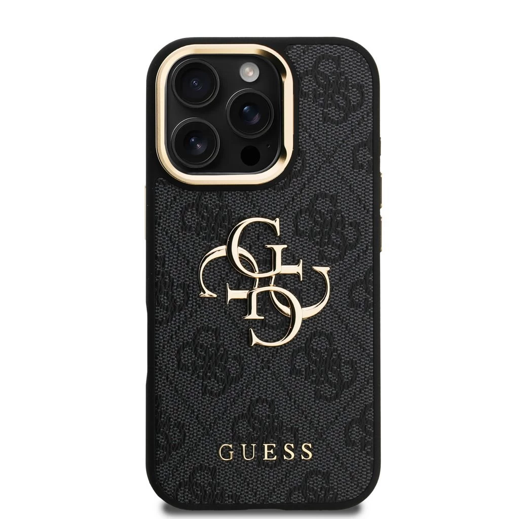 Guess PU 4G Metal Logo Stand Camera Frame tok iPhone 16 Pro Max készülékhez fekete