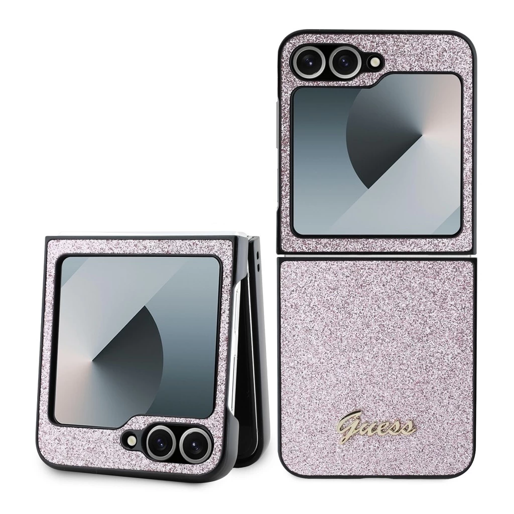 Guess PC/TPU Glitter Flakes Metal Logo tok Samsung Galaxy Z Flip 6 készülékhez rózsaszín