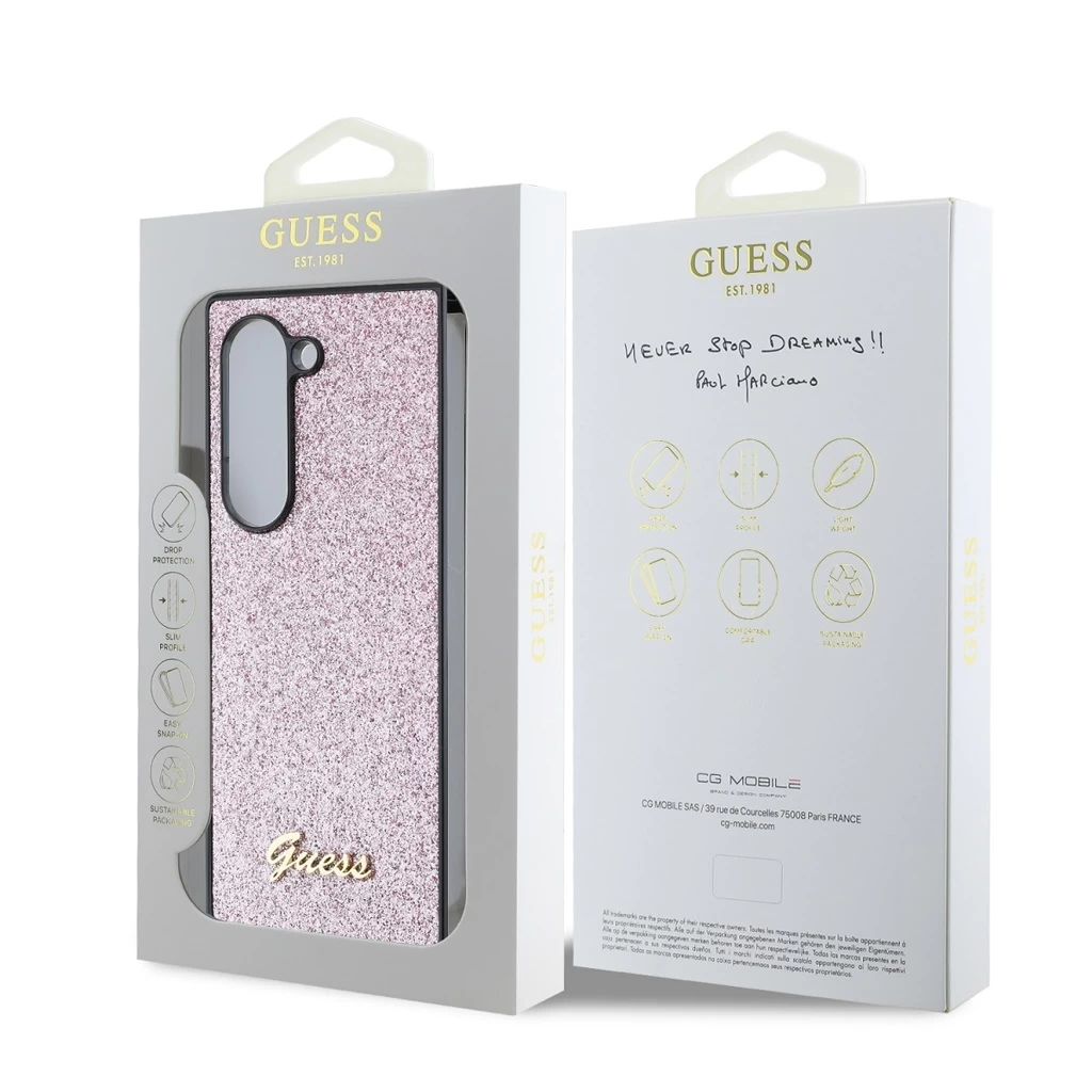 Guess PC/TPU Glitter Flakes Metal Logo tok Samsung Galaxy Z Fold 6 készülékhez rózsaszín