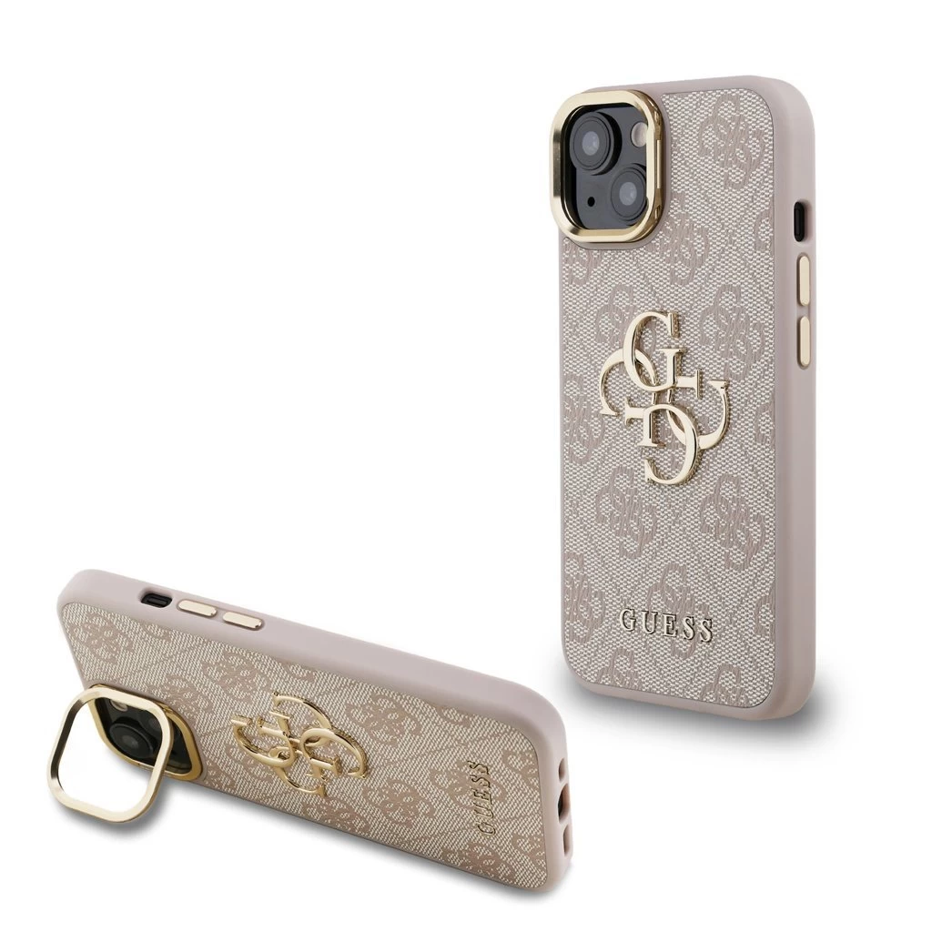 Guess PU 4G Metal Logo Stand Camera Frame tok iPhone 15 készülékhez rózsaszín