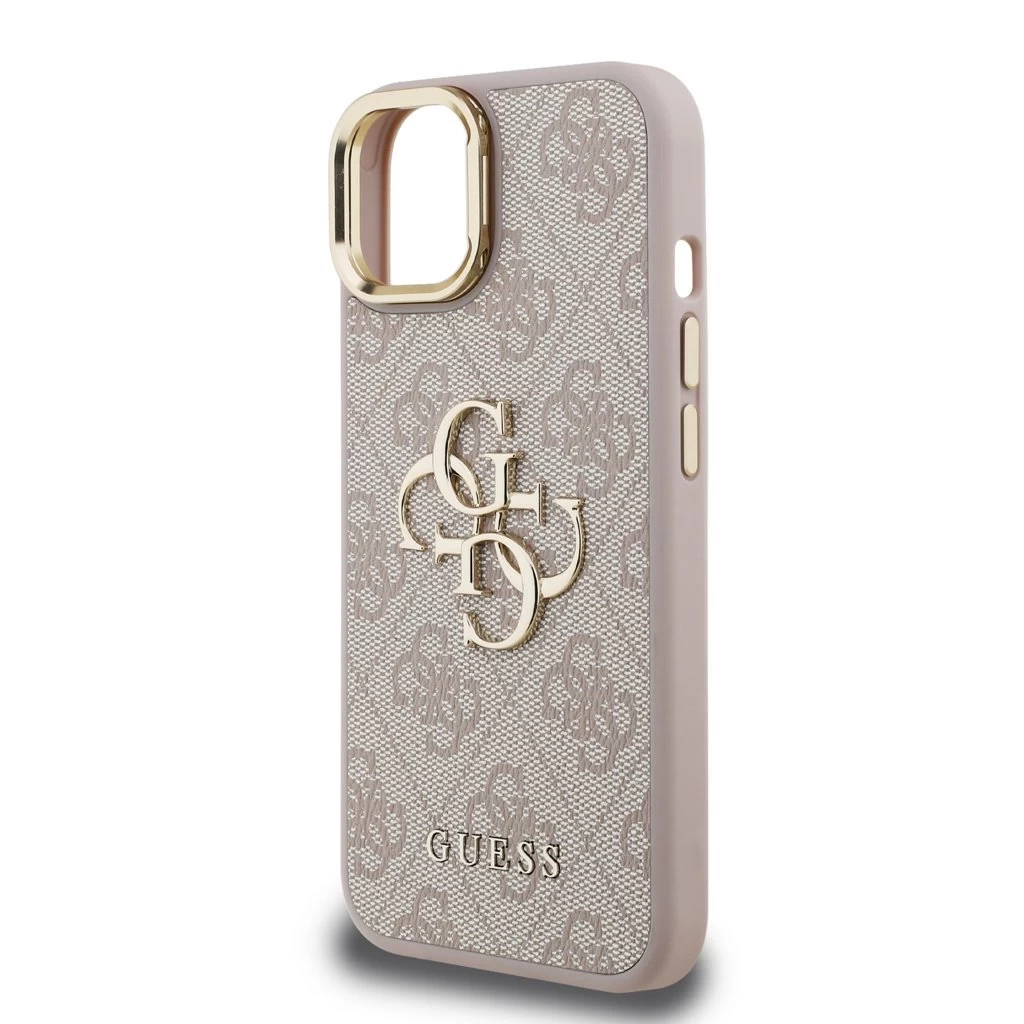 Guess PU 4G Metal Logo Stand Camera Frame tok iPhone 15 készülékhez rózsaszín