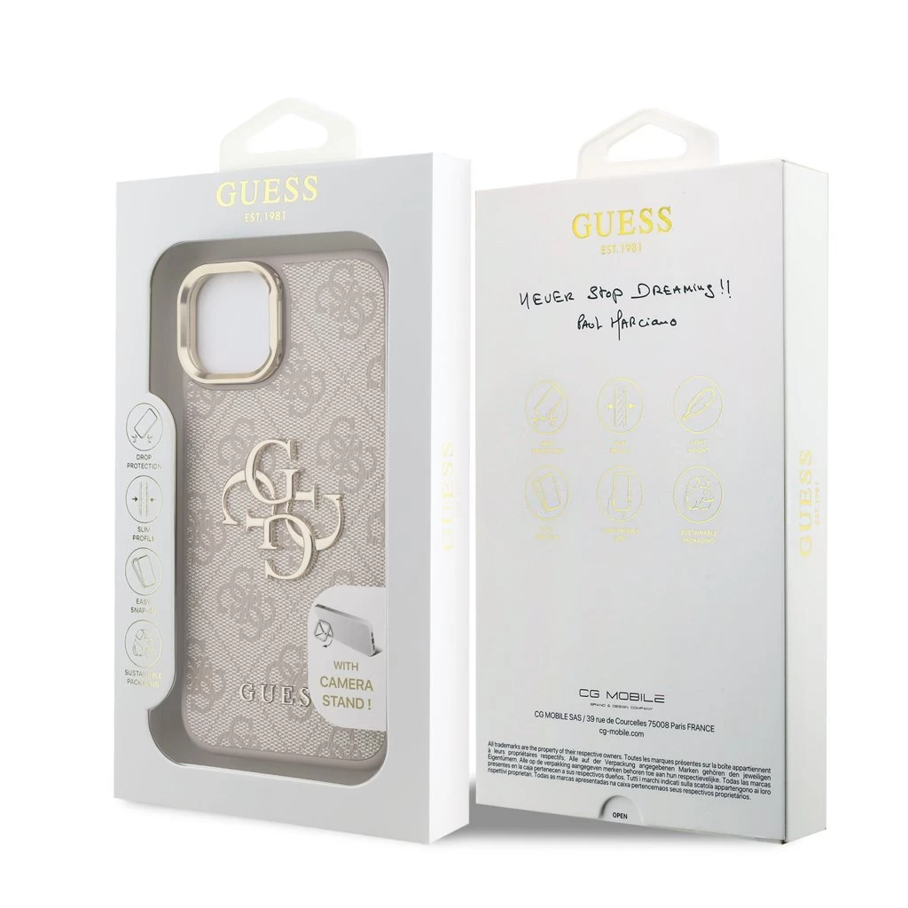 Guess PU 4G Metal Logo Stand Camera Frame tok iPhone 15 készülékhez rózsaszín