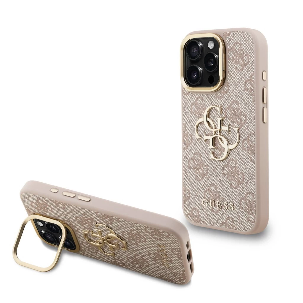 Guess PU 4G Metal Logo Stand Camera Frame tok iPhone 15 Pro készülékhez rózsaszín
