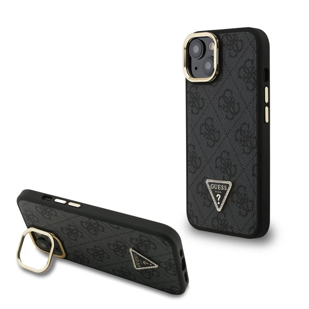 Guess PU 4G Strass Triangle Logo Stand Camera Frame MagSafe tok iPhone 15 készülékhez fekete