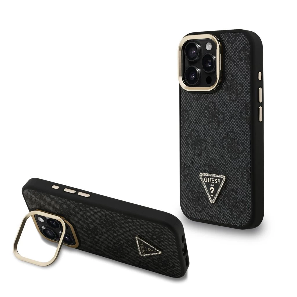 Guess PU 4G Strass Triangle Logo Állványos Kamerakeretes MagSafe tok iPhone 15 Pro Max készülékhez fekete