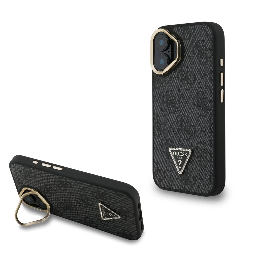 Guess PU 4G Strass Triangle Logo Stand Camera Frame MagSafe Tok iPhone 16 készülékhez fekete