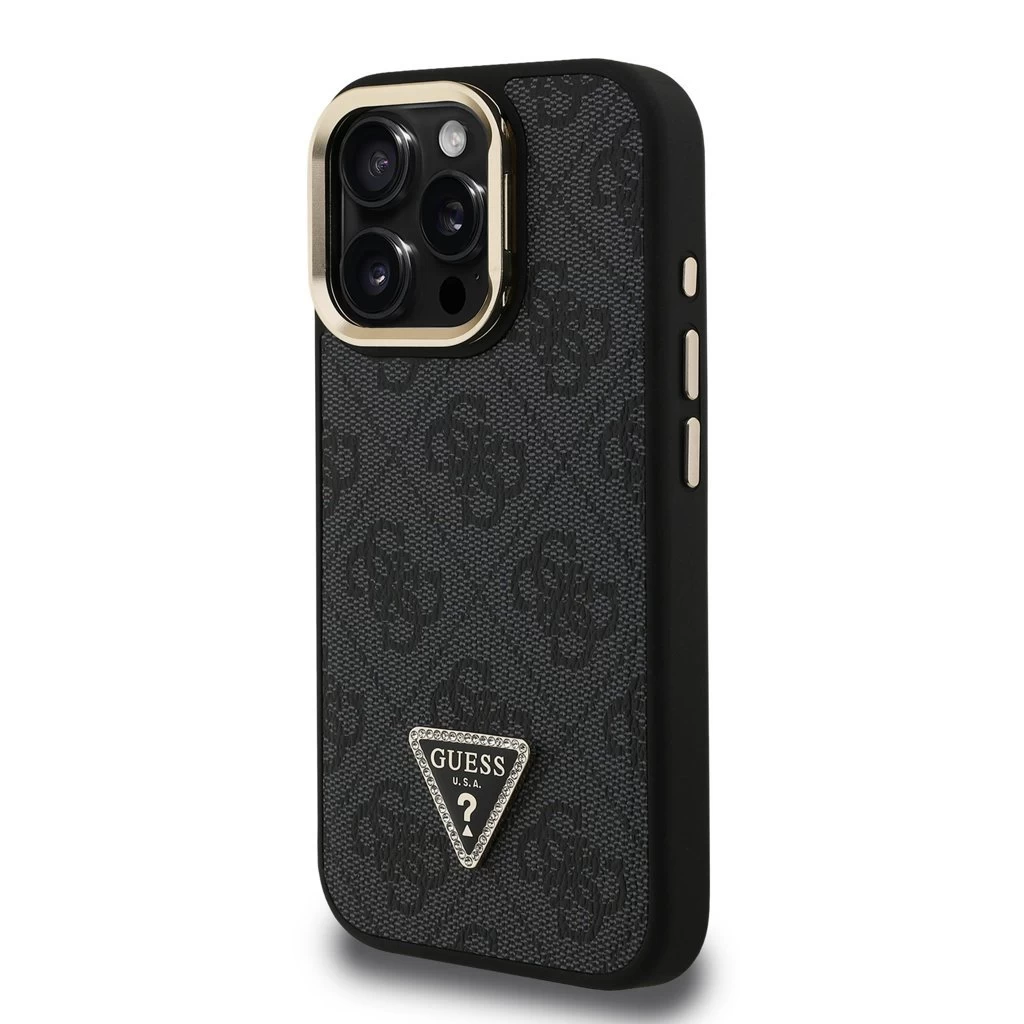 Guess PU 4G Strass Triangle Logo állványos kamerakeret MagSafe tok iPhone 16 Pro Max készülékhez fekete