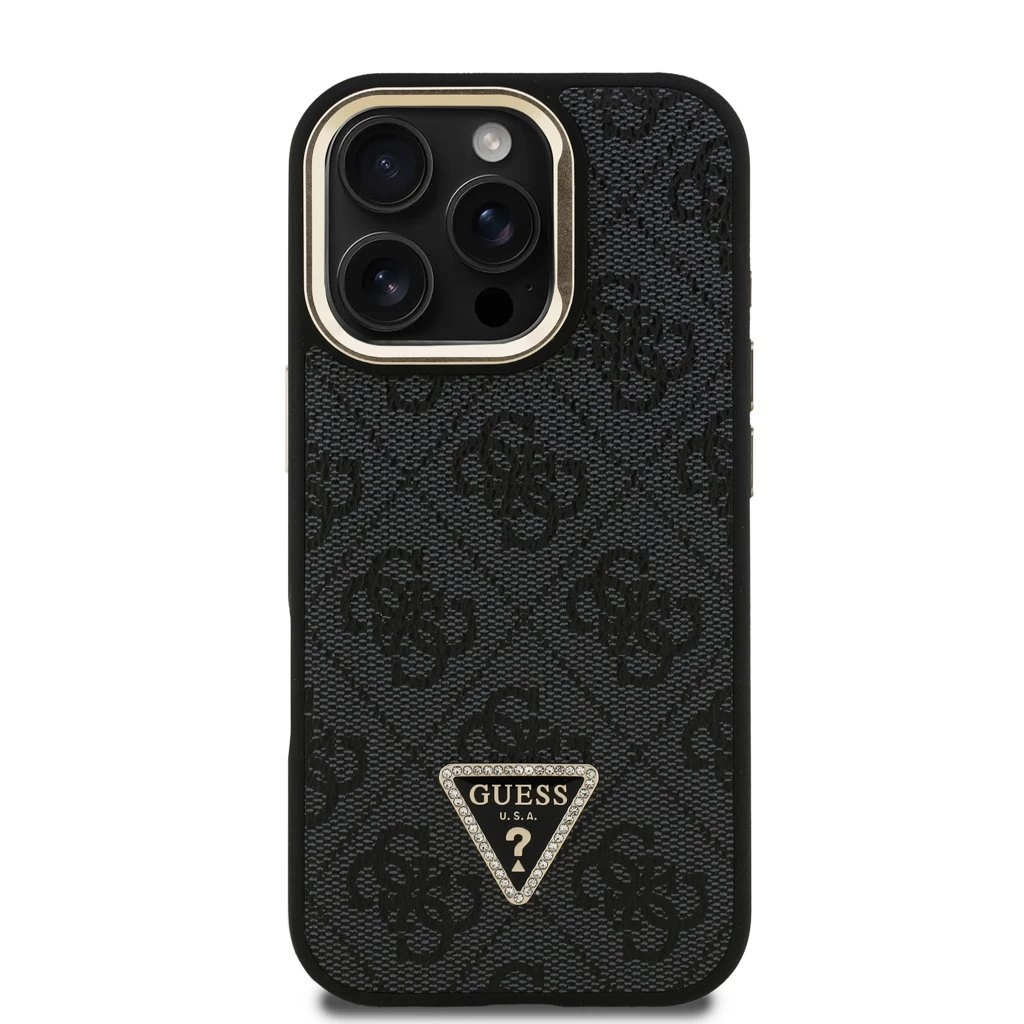 Guess PU 4G Strass Triangle Logo állványos kamerakeret MagSafe tok iPhone 16 Pro Max készülékhez fekete