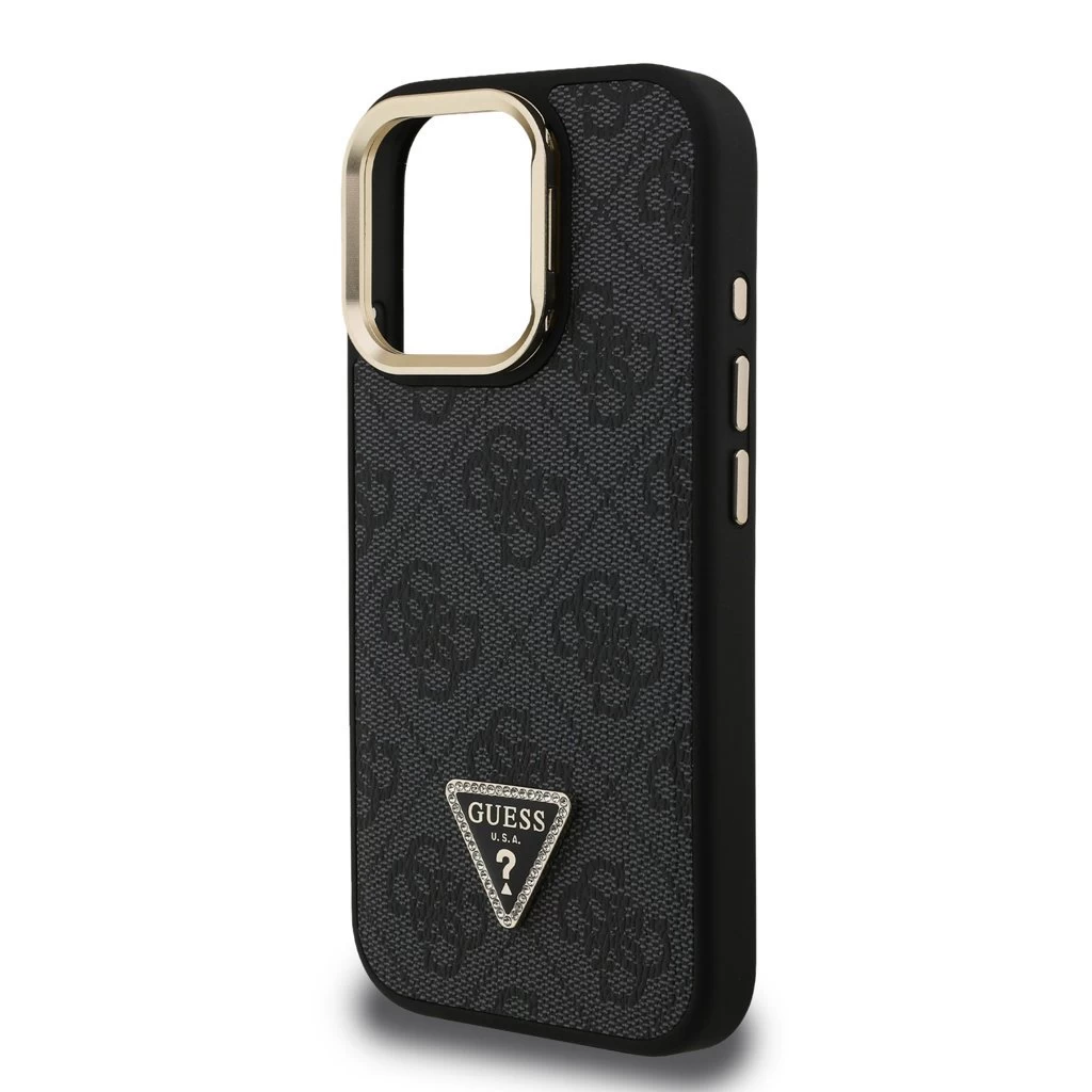 Guess PU 4G Strass Triangle Logo állványos kamerakeret MagSafe tok iPhone 16 Pro Max készülékhez fekete