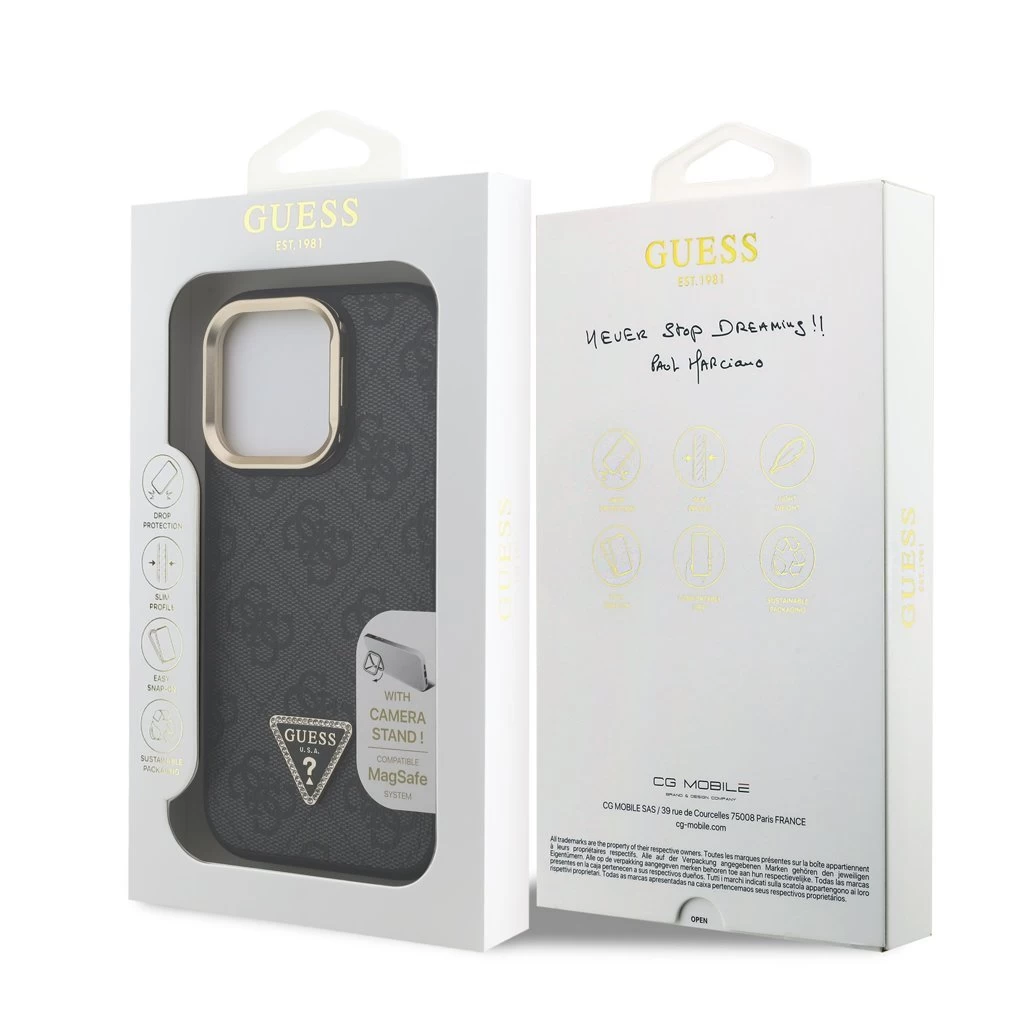 Guess PU 4G Strass Triangle Logo állványos kamerakeret MagSafe tok iPhone 16 Pro Max készülékhez fekete