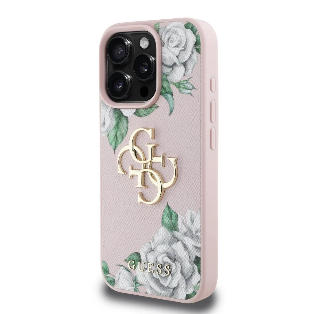 Guess PU Grained Roses 4G Metal Logo tok iPhone 16 Pro készülékhez rózsaszín