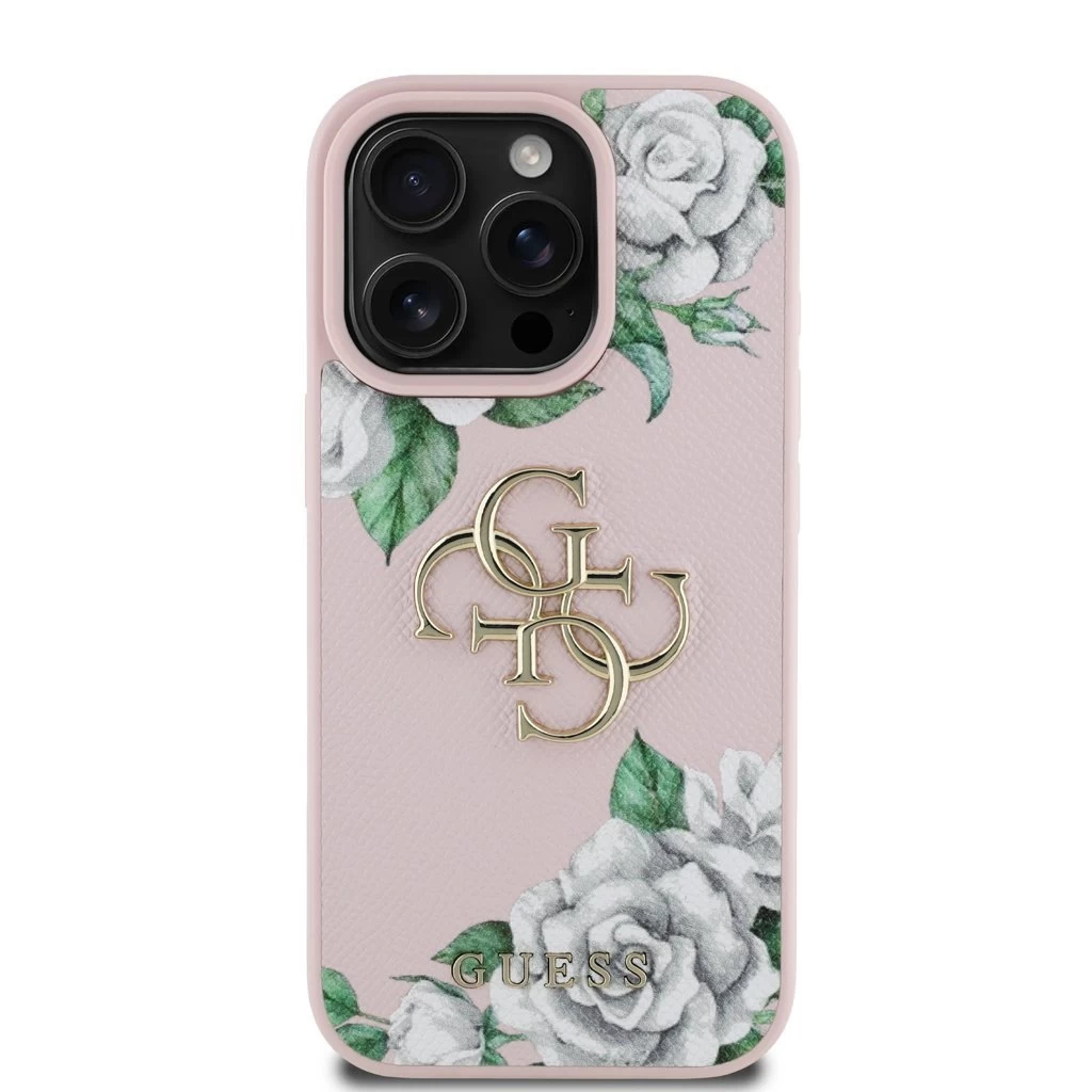 Guess PU Grained Roses 4G Metal Logo tok iPhone 16 Pro készülékhez rózsaszín