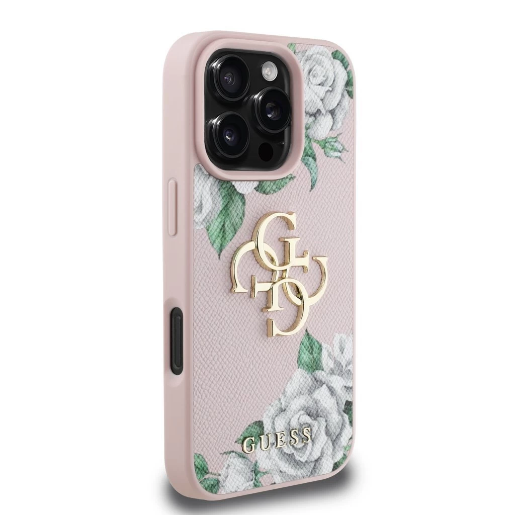 Guess PU Grained Roses 4G Metal Logo tok iPhone 16 Pro készülékhez rózsaszín