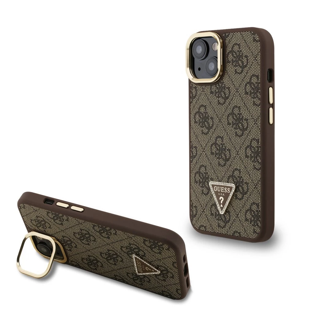 Guess PU 4G Strass Triangle Logo Stand Camera Frame MagSafe tok iPhone 15 készülékhez barna