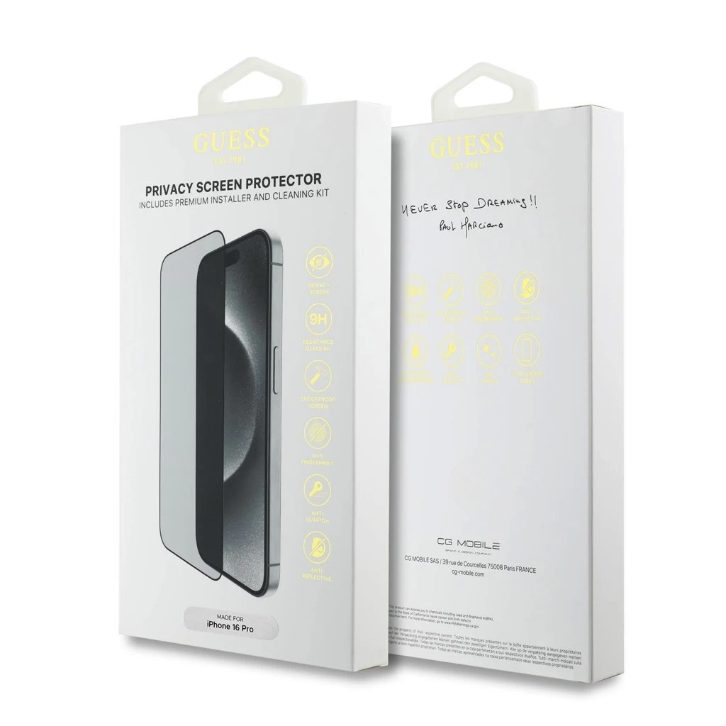 Guess iPhone 16 Pro készülékhez 2.5D PRIVACY kijelzővédő fekete