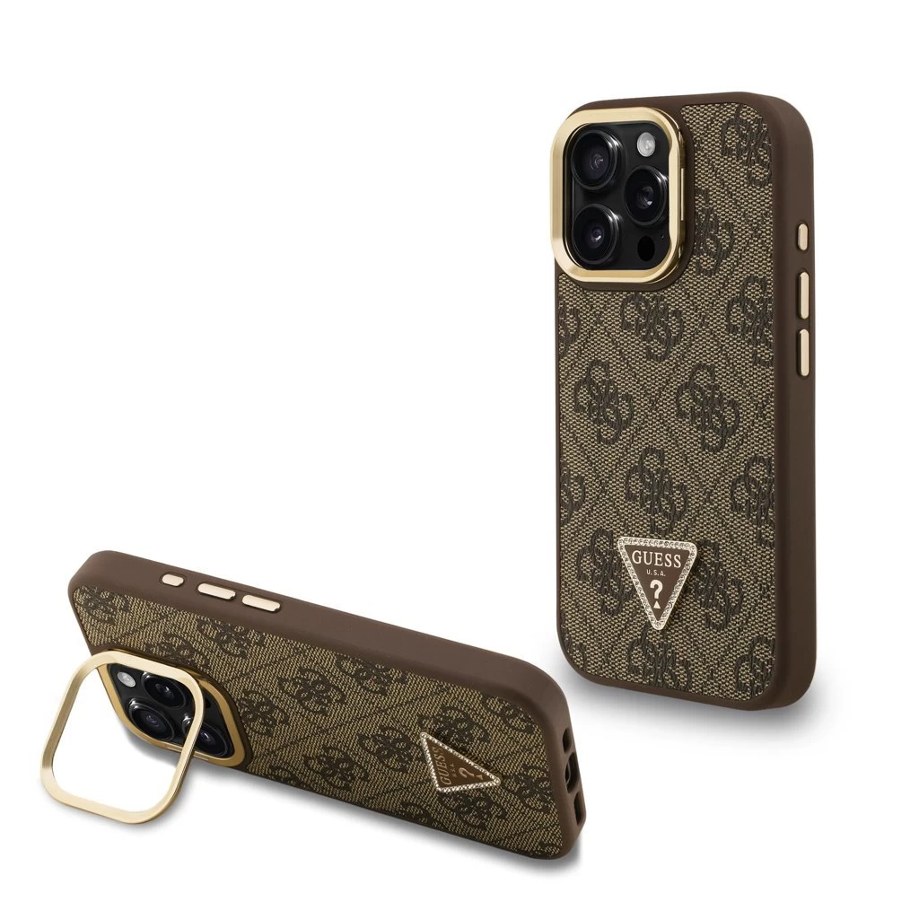 Guess PU 4G Strass Triangle Logo Stand Camera Frame MagSafe tok iPhone 15 Pro készülékhez barna