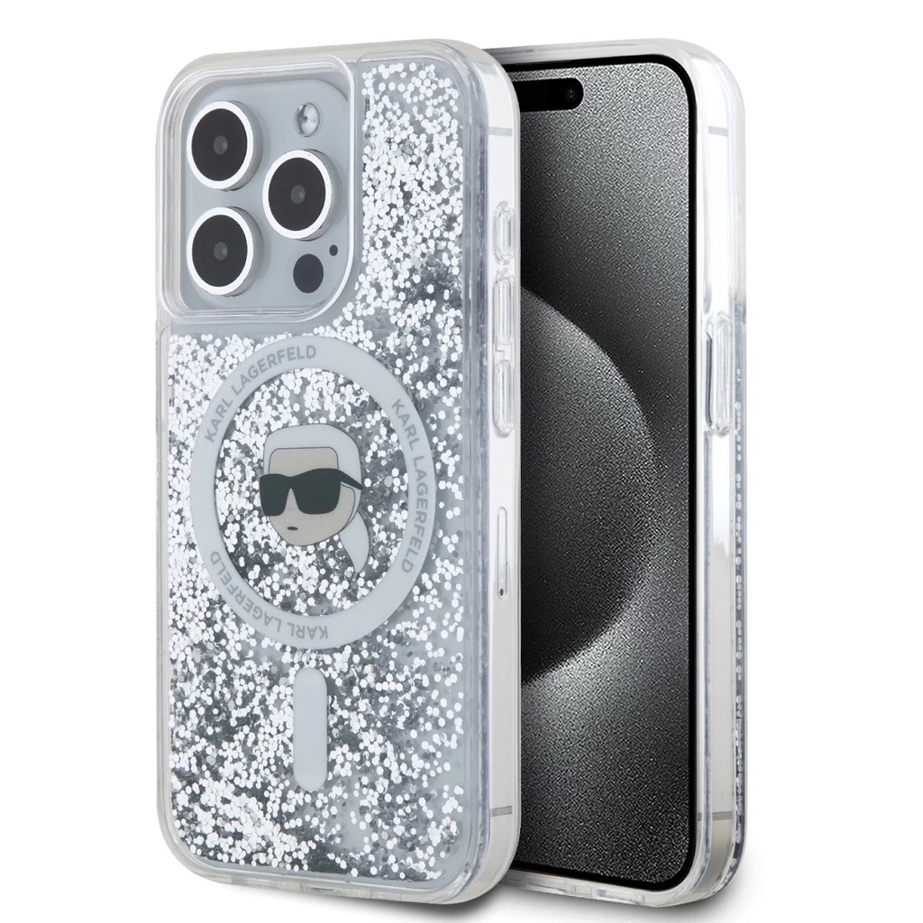 Karl Lagerfeld Liquid Glitter Karl Head MagSafe tok iPhone 15 Pro készülékhez átlátszó