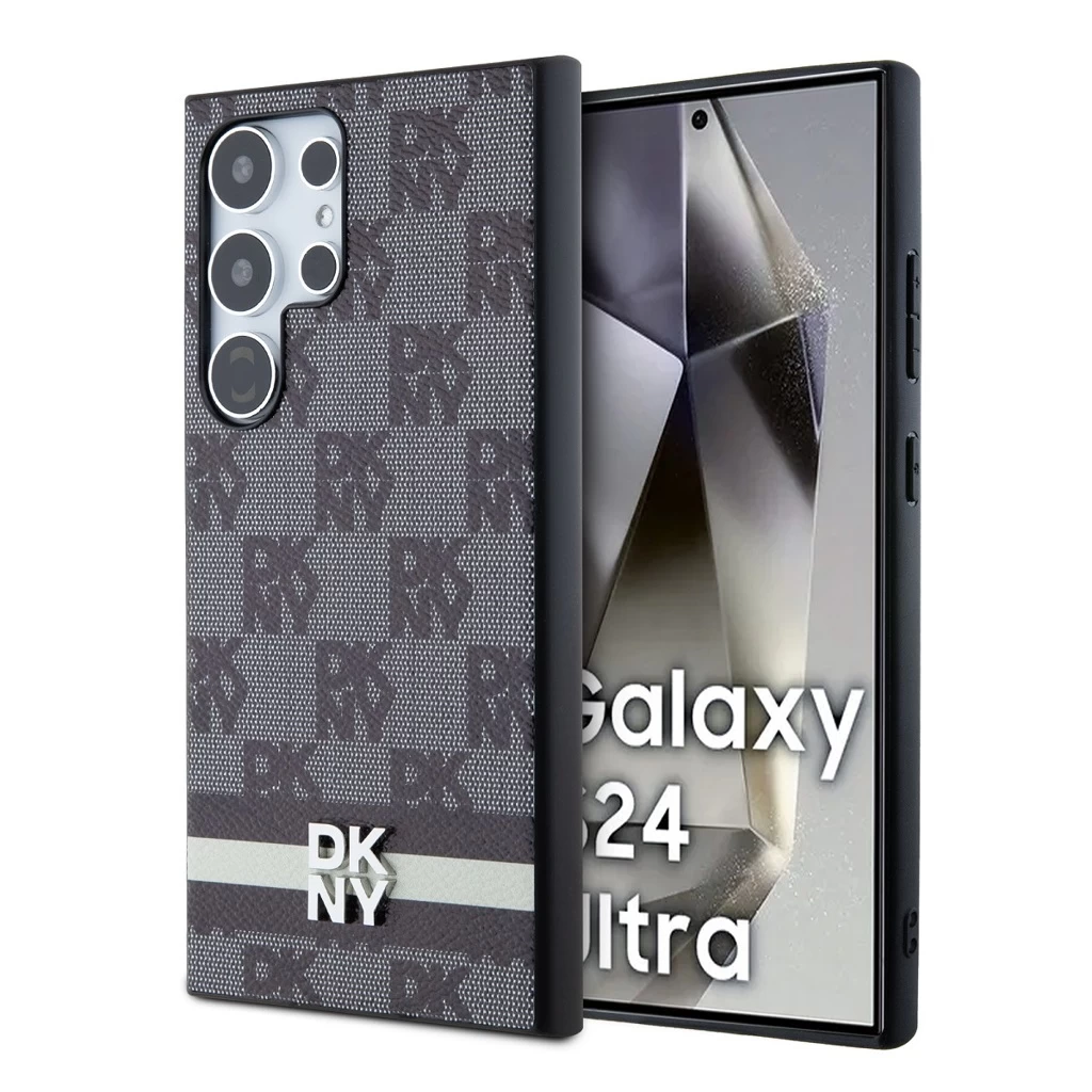 DKNY PU Leather Checkered Pattern and Stripe tok Samsung Galaxy S24 Ultra készülékhez fekete