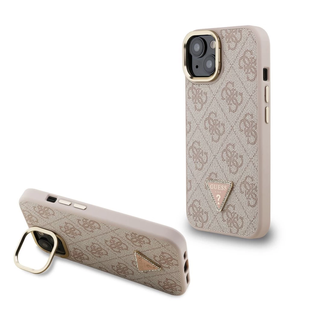 Guess PU 4G Strass Triangle Logo Stand Camera Frame MagSafe tok iPhone 15 készülékhez rózsaszín