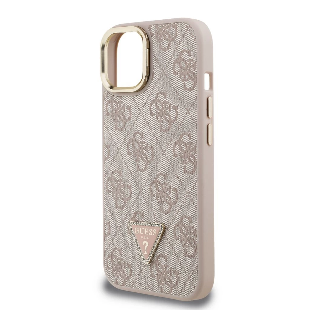 Guess PU 4G Strass Triangle Logo Stand Camera Frame MagSafe tok iPhone 15 készülékhez rózsaszín