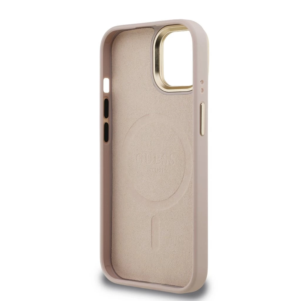 Guess PU 4G Strass Triangle Logo Stand Camera Frame MagSafe tok iPhone 15 készülékhez rózsaszín