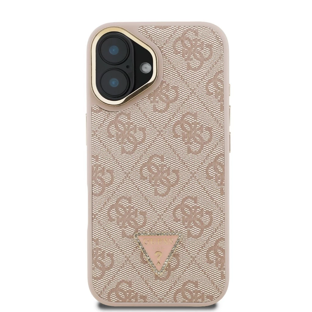 Guess PU 4G Strass Triangle Logo Stand Camera Frame MagSafe tok iPhone 16 készülékhez rózsaszín