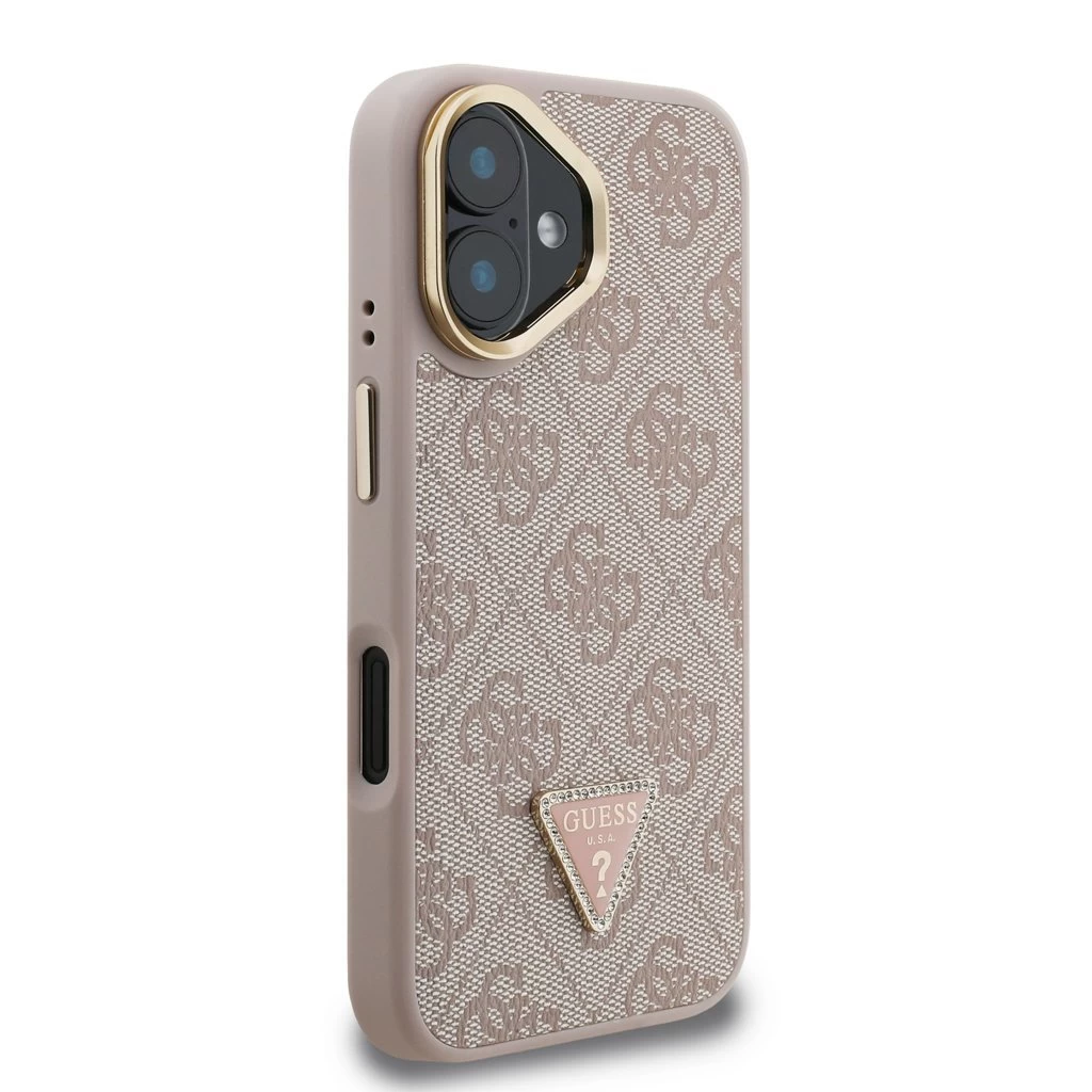 Guess PU 4G Strass Triangle Logo Stand Camera Frame MagSafe tok iPhone 16 készülékhez rózsaszín