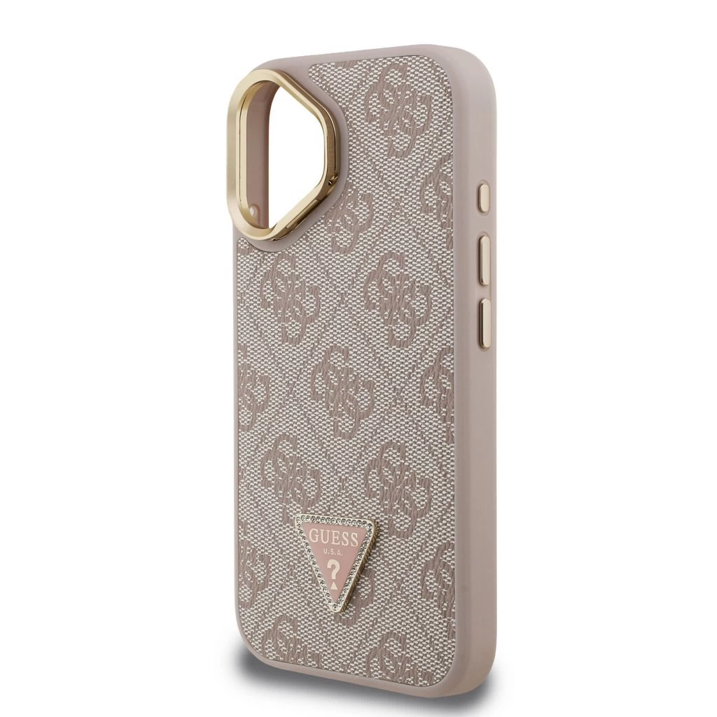 Guess PU 4G Strass Triangle Logo Stand Camera Frame MagSafe tok iPhone 16 készülékhez rózsaszín