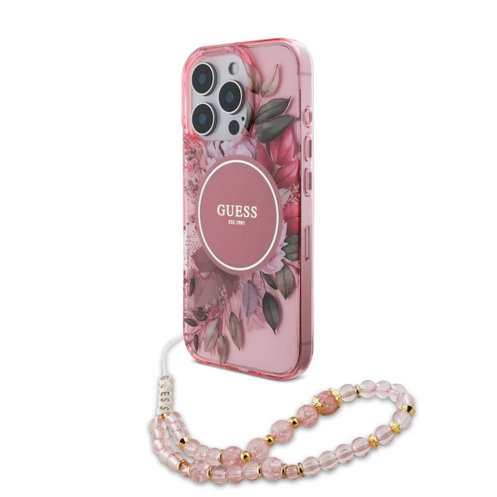 Guess IML Flowers Pearl Strap MagSafe tok iPhone 15 Pro Max készülékhez rózsaszín